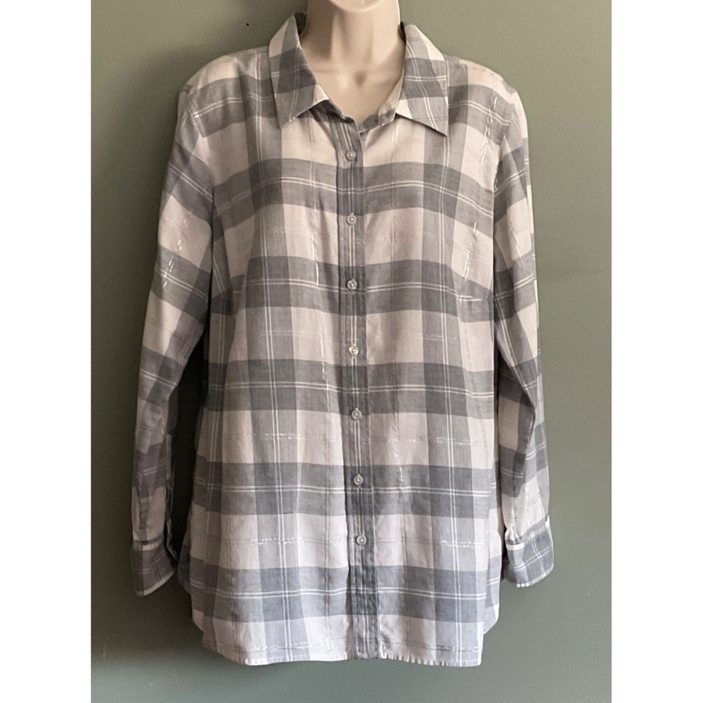 Talbots Long Sleeve button Blouse Sz.1X Silver Metallic Flannel "Chimney Plaid"